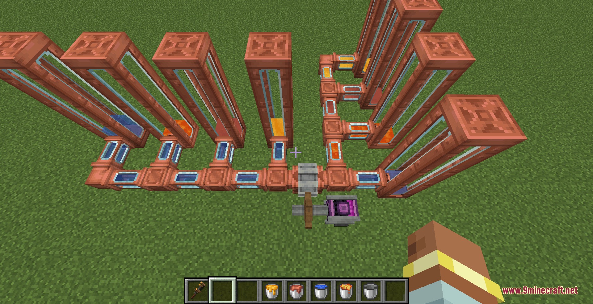 Kinetic Fine Tuning Mod Screenshot 2 A complex network of copper fluid pipes and storage tanks in Minecraft