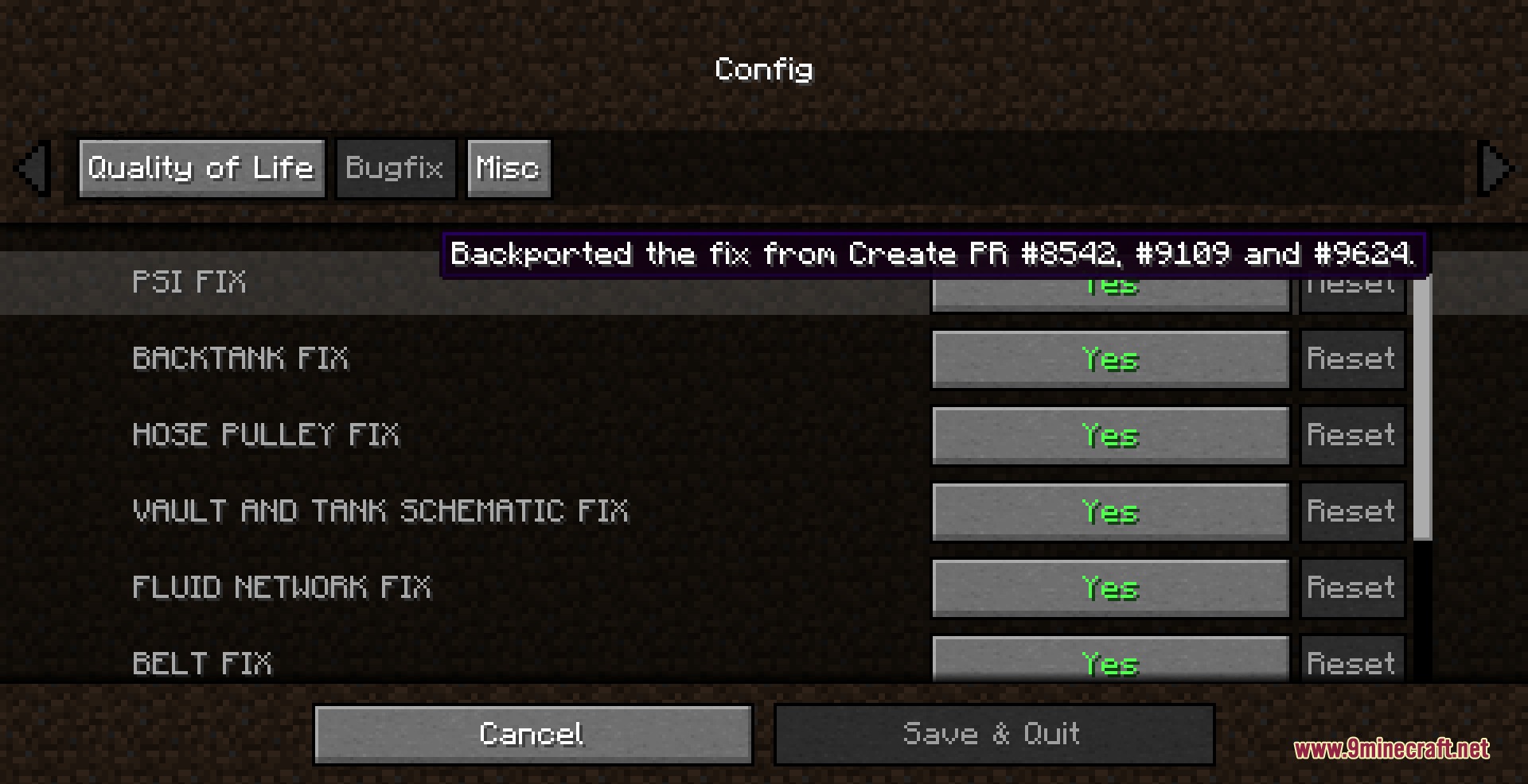 Kinetic Fine Tuning Mod Screenshot 6 Configuration menu showing bug fixes and quality of life toggles