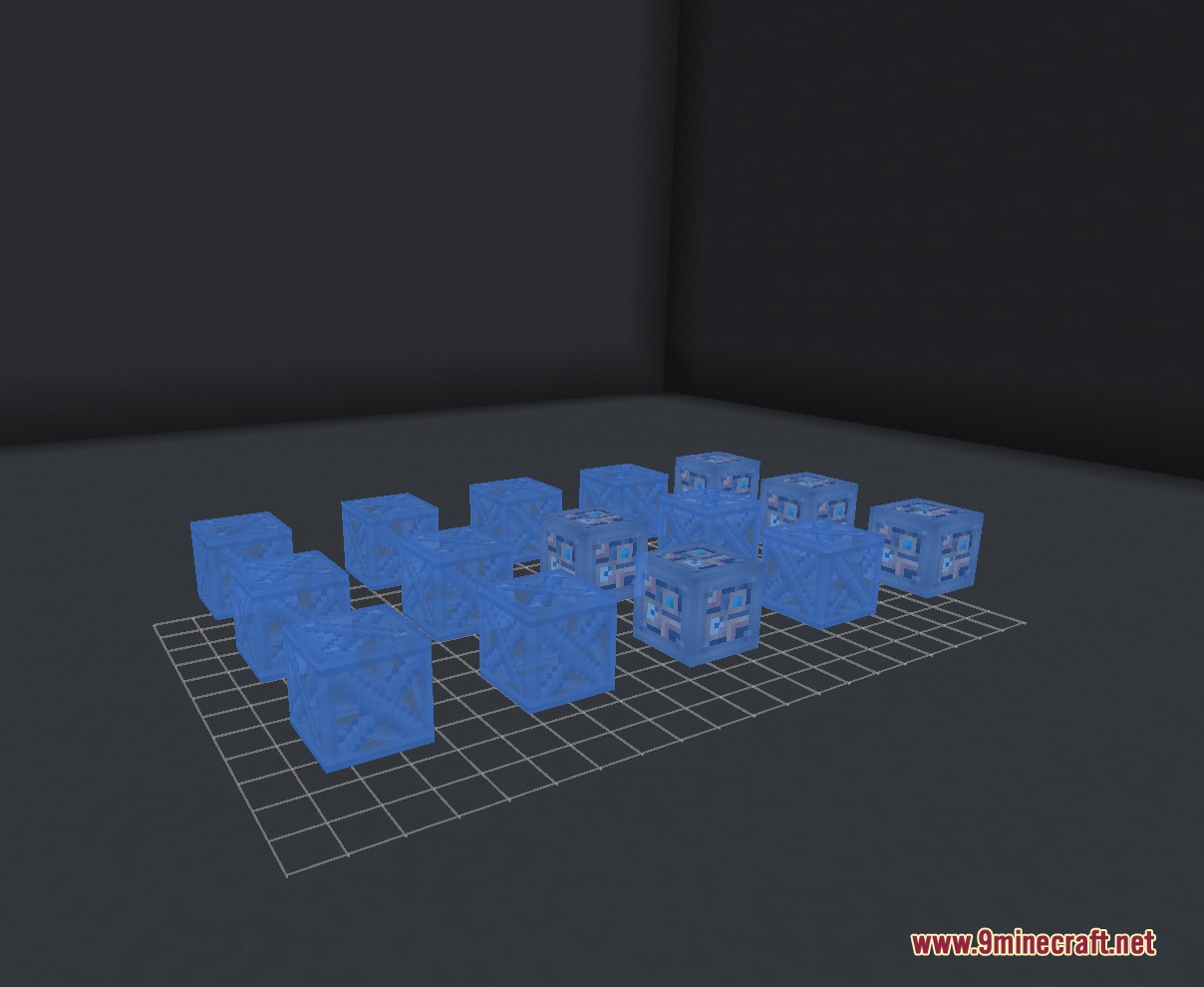 Kinetic Frame Blueprint Mod Screenshot 1 Interactive blue holographic guides showing block placements for building complex multiblock structures