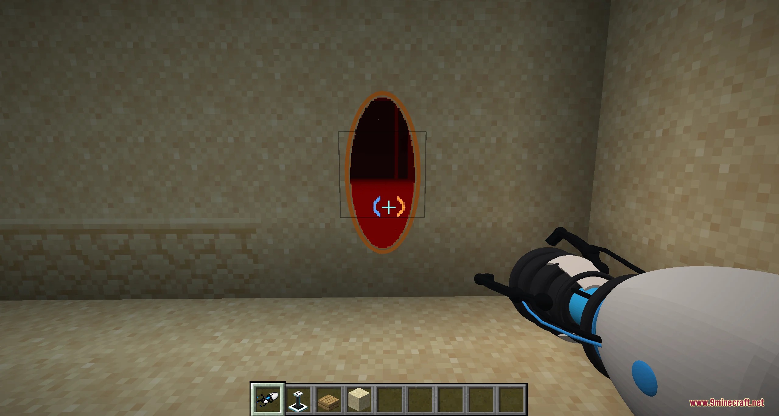 Player aims a portal gun at an orange gateway on a sandstone wall