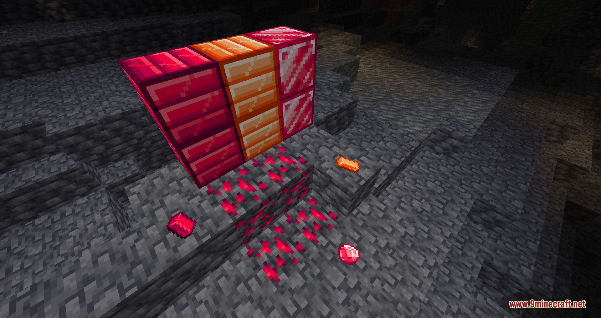 Kinetic Logic Flux Mod Screenshot 1 Magenta Raginite ore and alloy blocks with dropped ingots on stone ground
