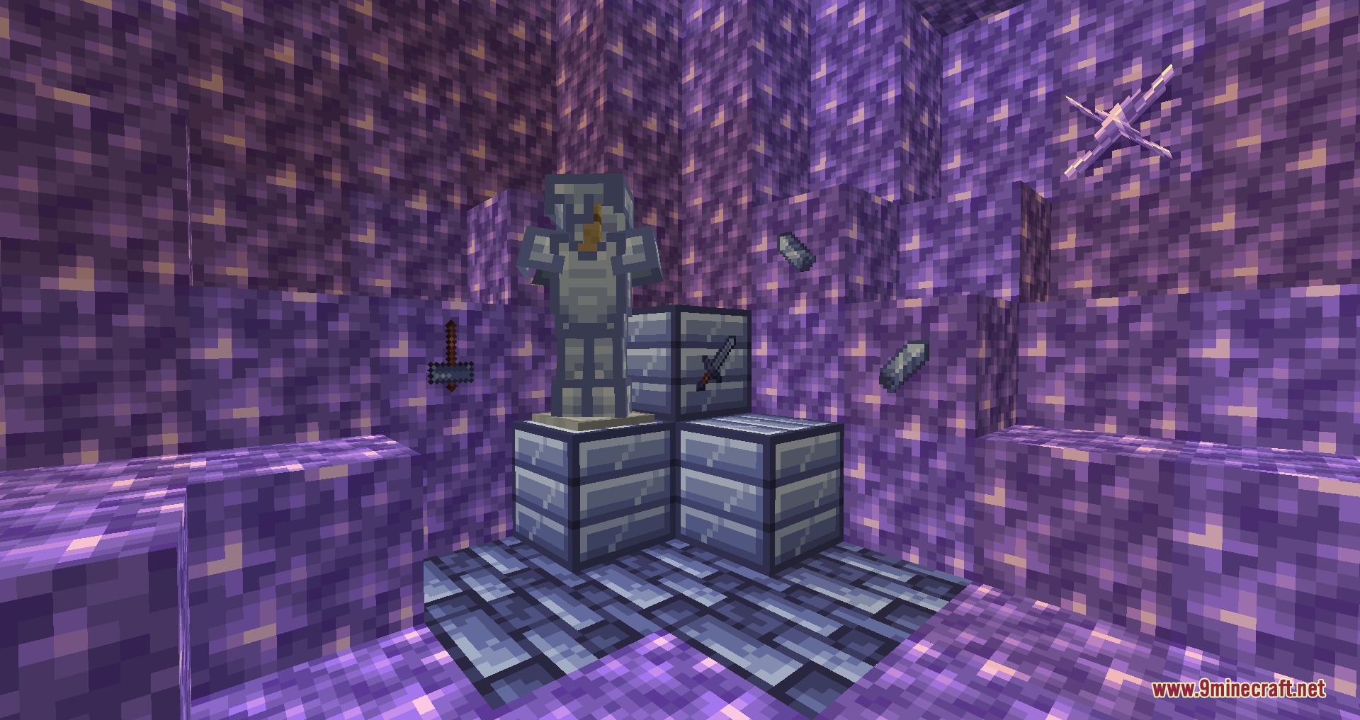 Kinetic Logic Flux Mod Screenshot 2 Azure Steel armor and tools displayed inside a purple amethyst geode room