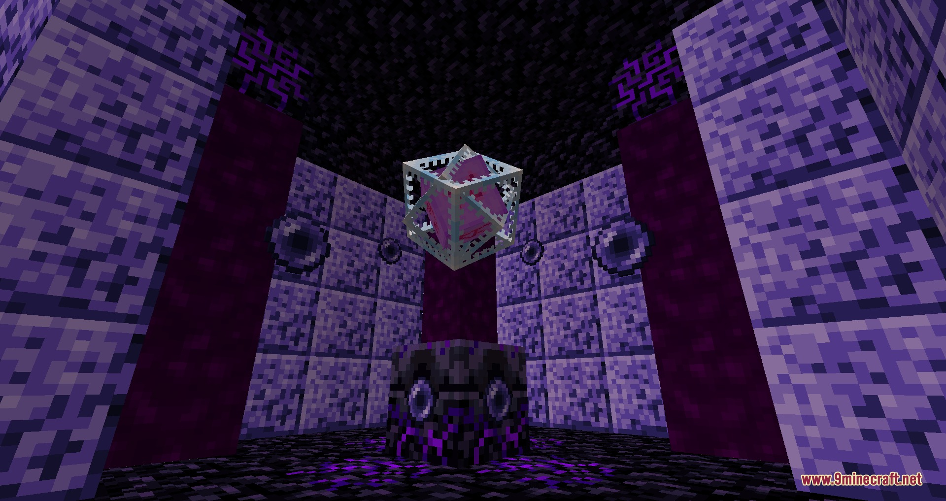 Kinetic Logic Flux Mod Screenshot 5 A purple Eldritch Pearl floating in a cage above a dark glowing block