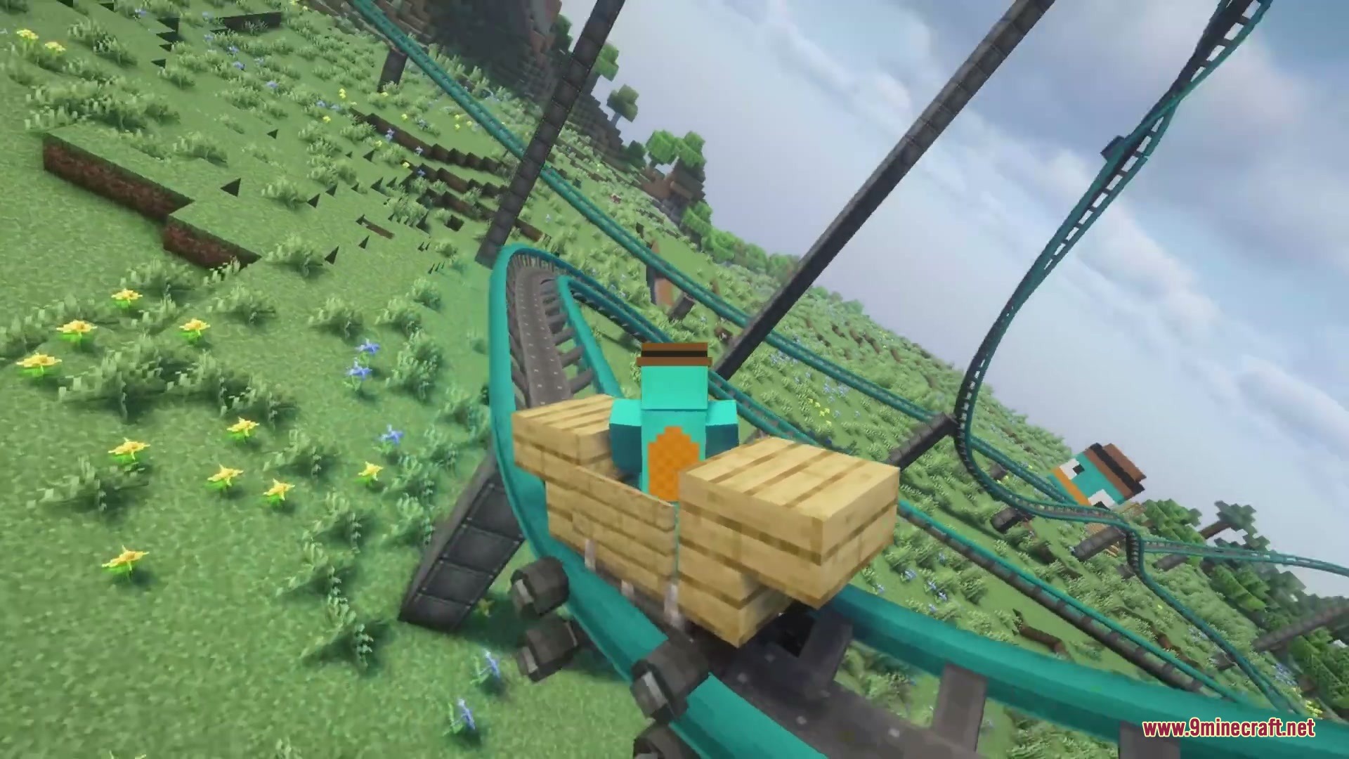 Kinetic Rail Rush Mod Screenshot 4 Player riding a wooden coaster cart along a winding teal track layout