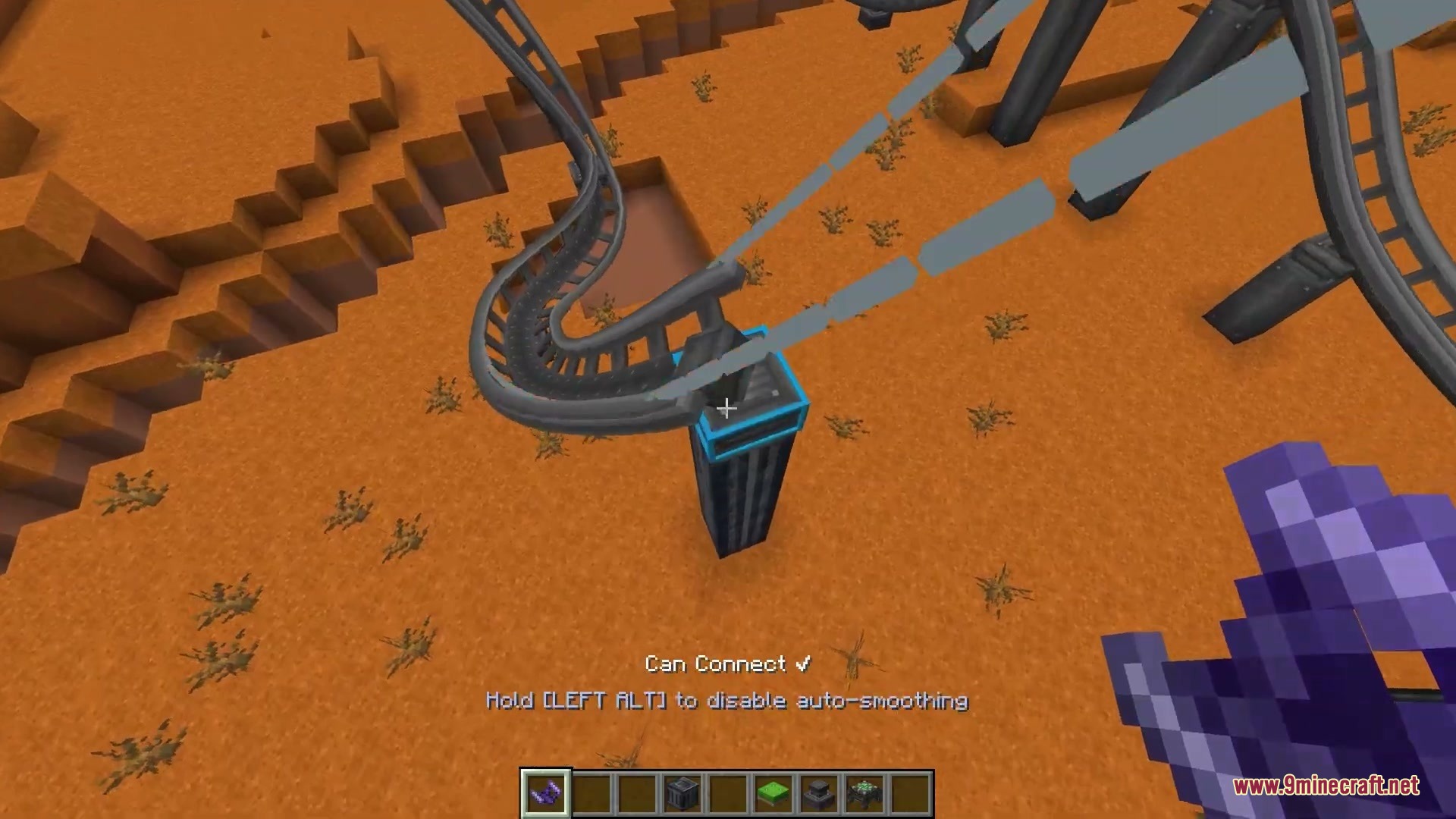 Kinetic Rail Rush Mod Screenshot 9 Player building custom roller coaster tracks with anchor points in Minecraft