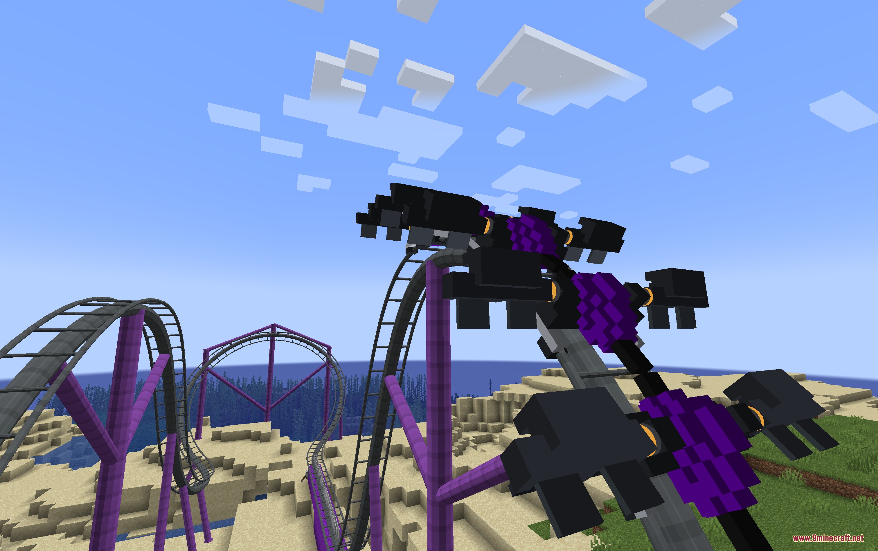 Kinetic Rail Systems Mod Screenshot 4 A custom purple roller coaster train navigating a steep track loop in Minecraft