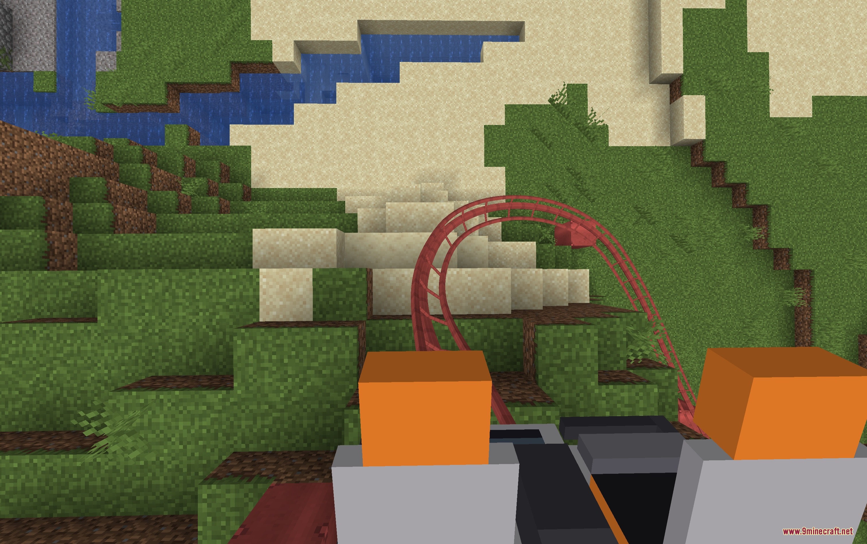 Kinetic Rail Systems Mod Screenshot 7 Riding a custom red roller coaster with orange seats through the hills