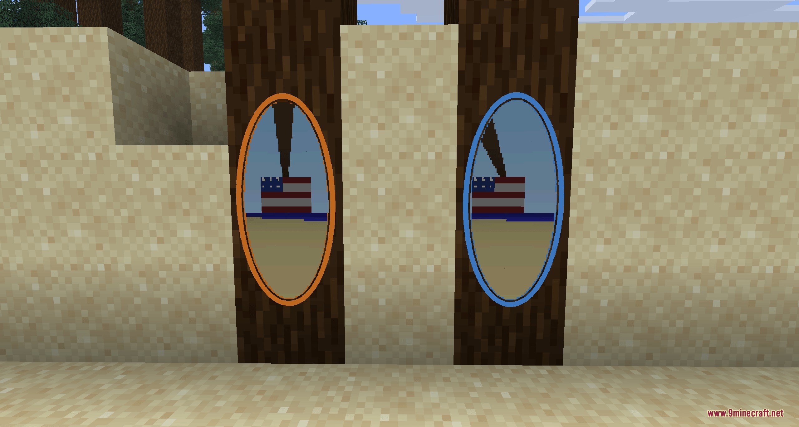Kinetic Warp Gate Mod Screenshot 1 Blue and orange portals placed on wooden pillars in a sandy area