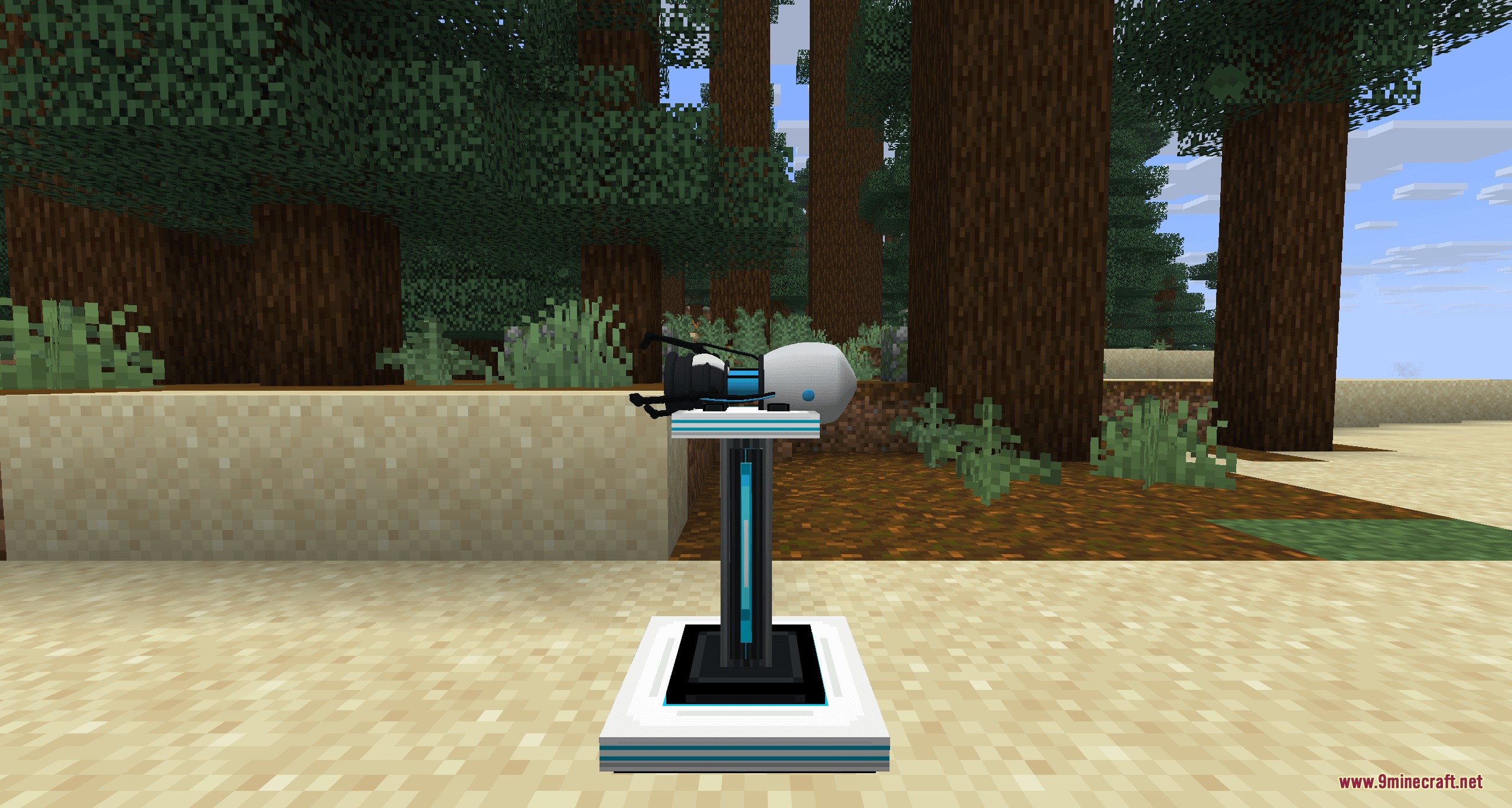 Kinetic Warp Gate Mod Screenshot 6 A portal gun resting on a custom pedestal in the forest