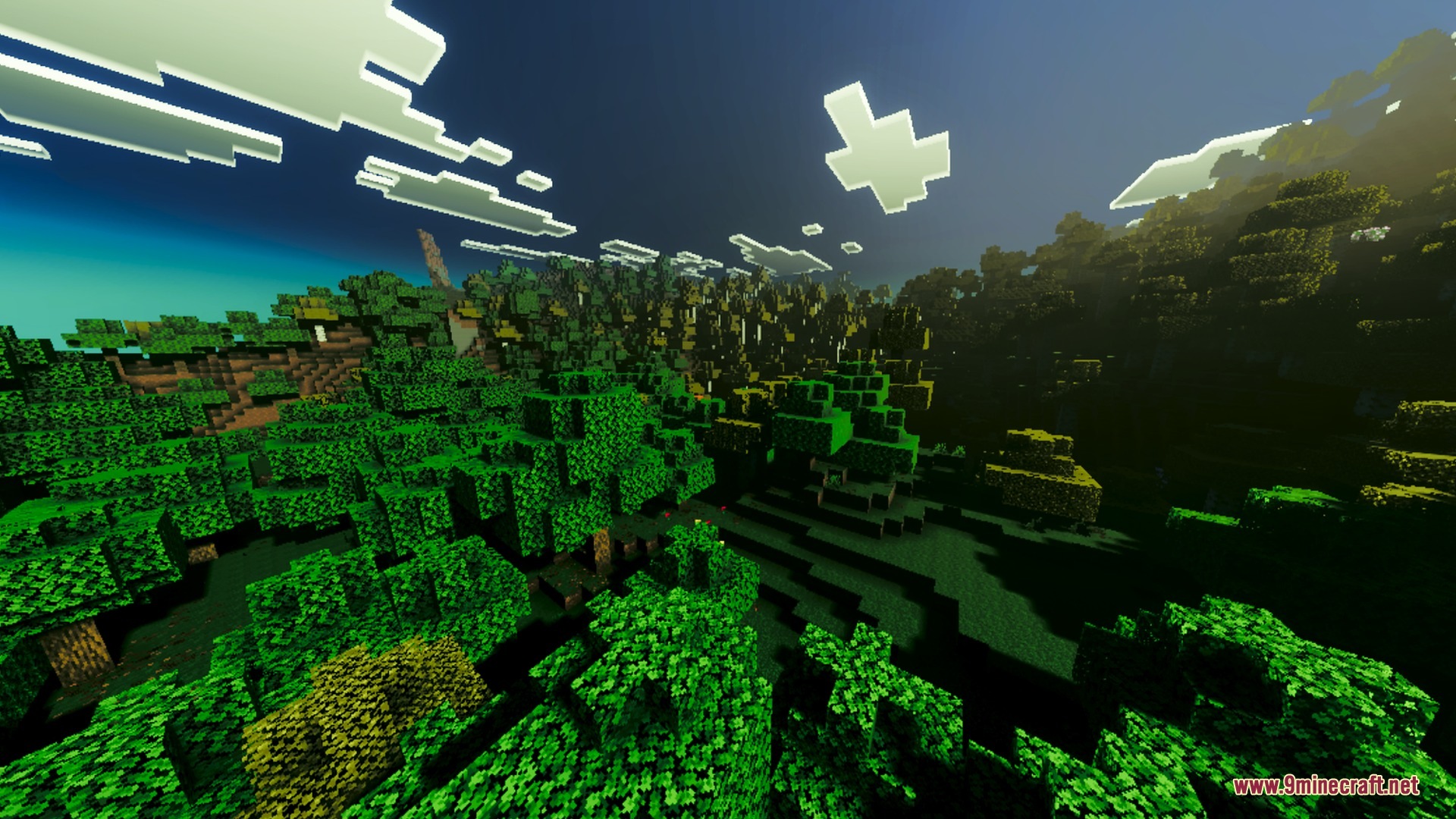 Bright sunlight illuminates a lush green forest with deep shadows and blocky clouds