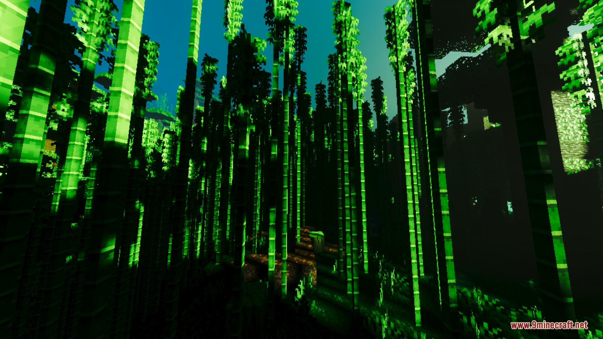 Luminous green bamboo stalks stand tall in a dark and atmospheric jungle forest