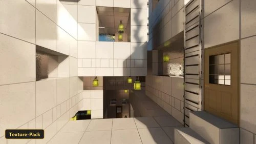 modern white building with reflective windows and glowing yellow lanterns