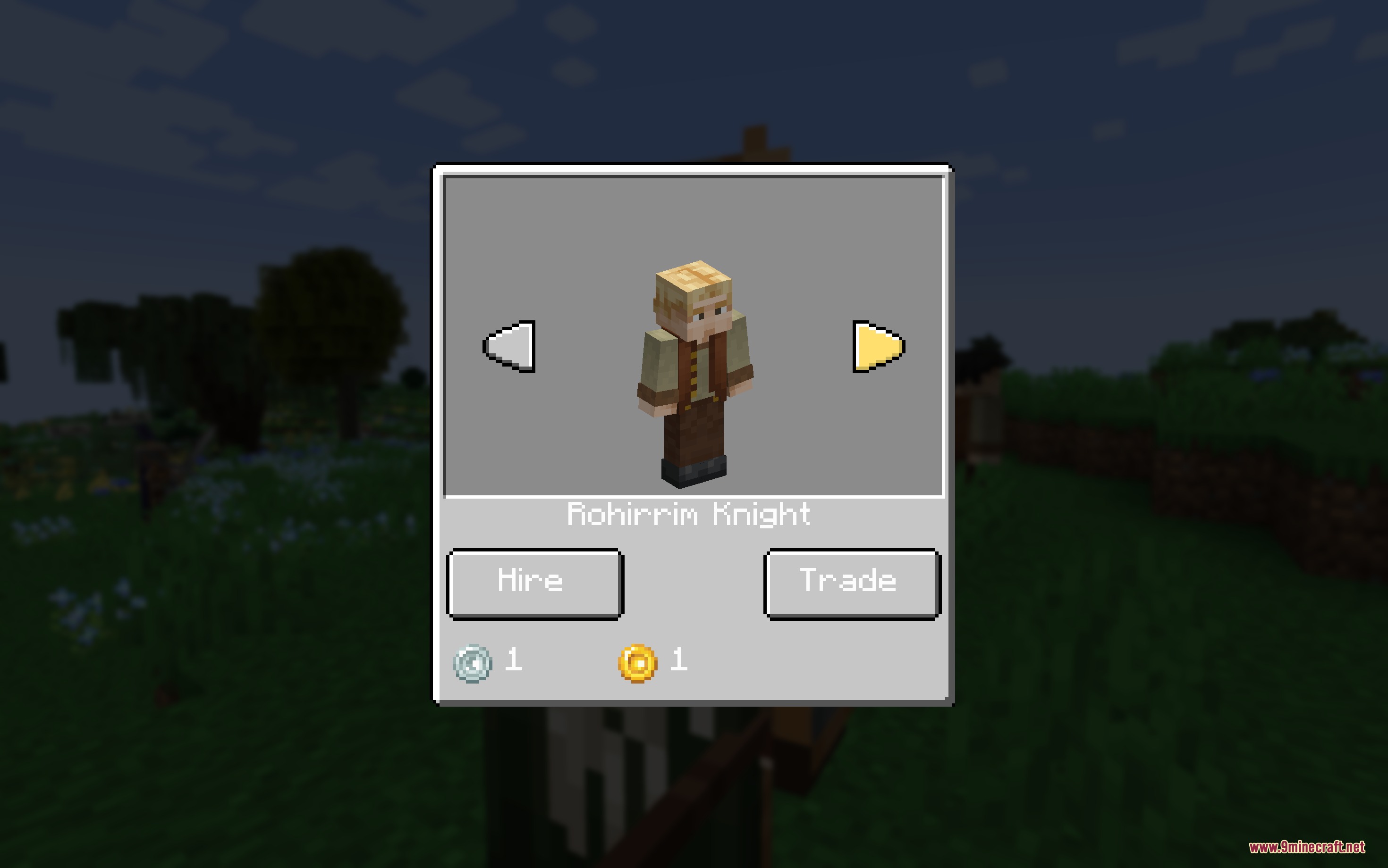 A Minecraft interface for hiring a Rohirrim Knight using silver and gold coins