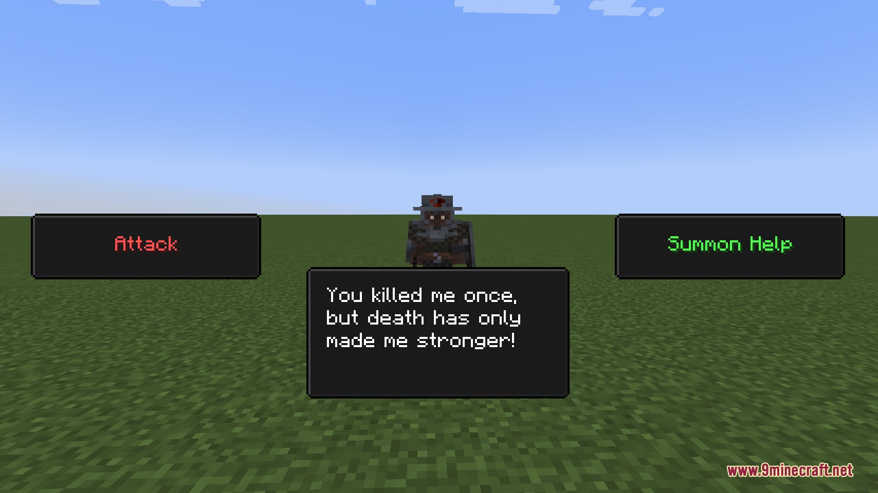Dialogue box showing a rival mob with options to attack or summon help