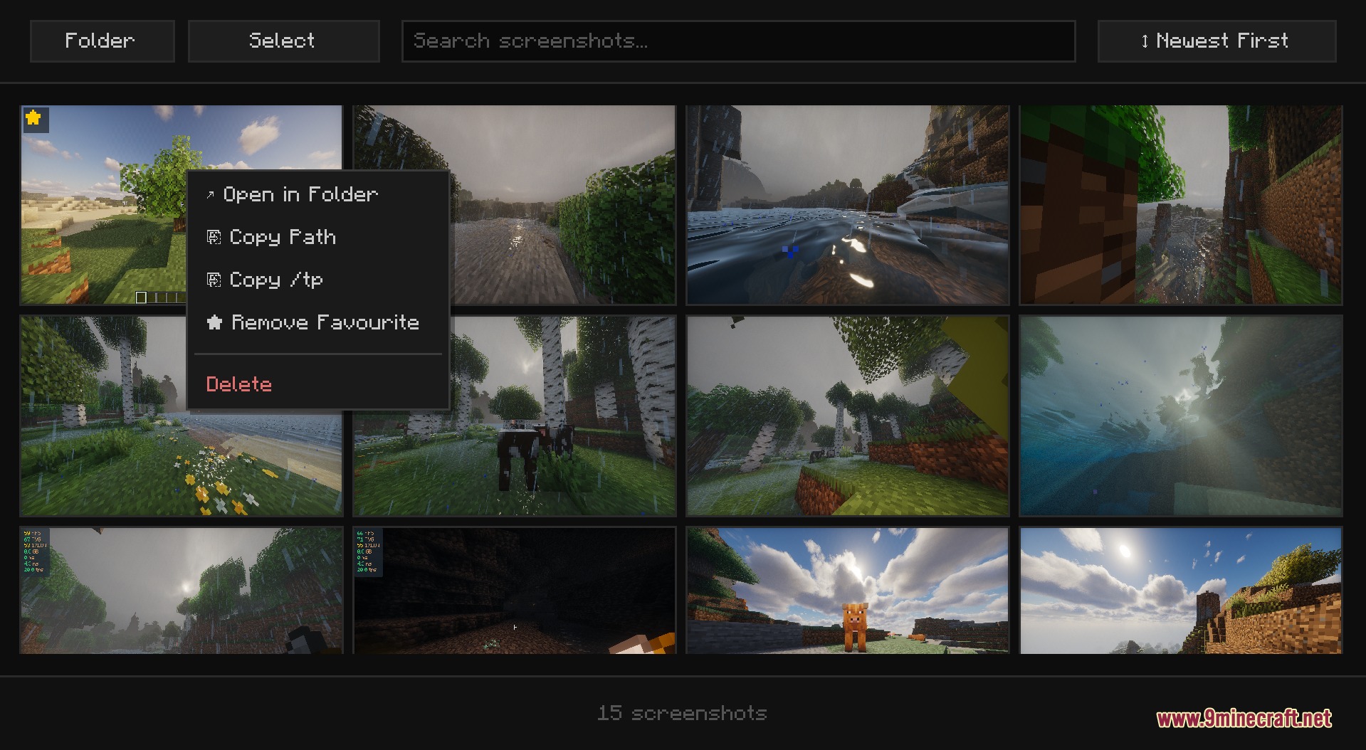 Lens Memory Explorer Mod Screenshot 3 Minecraft gallery interface displaying multiple screenshots with a menu for managing files