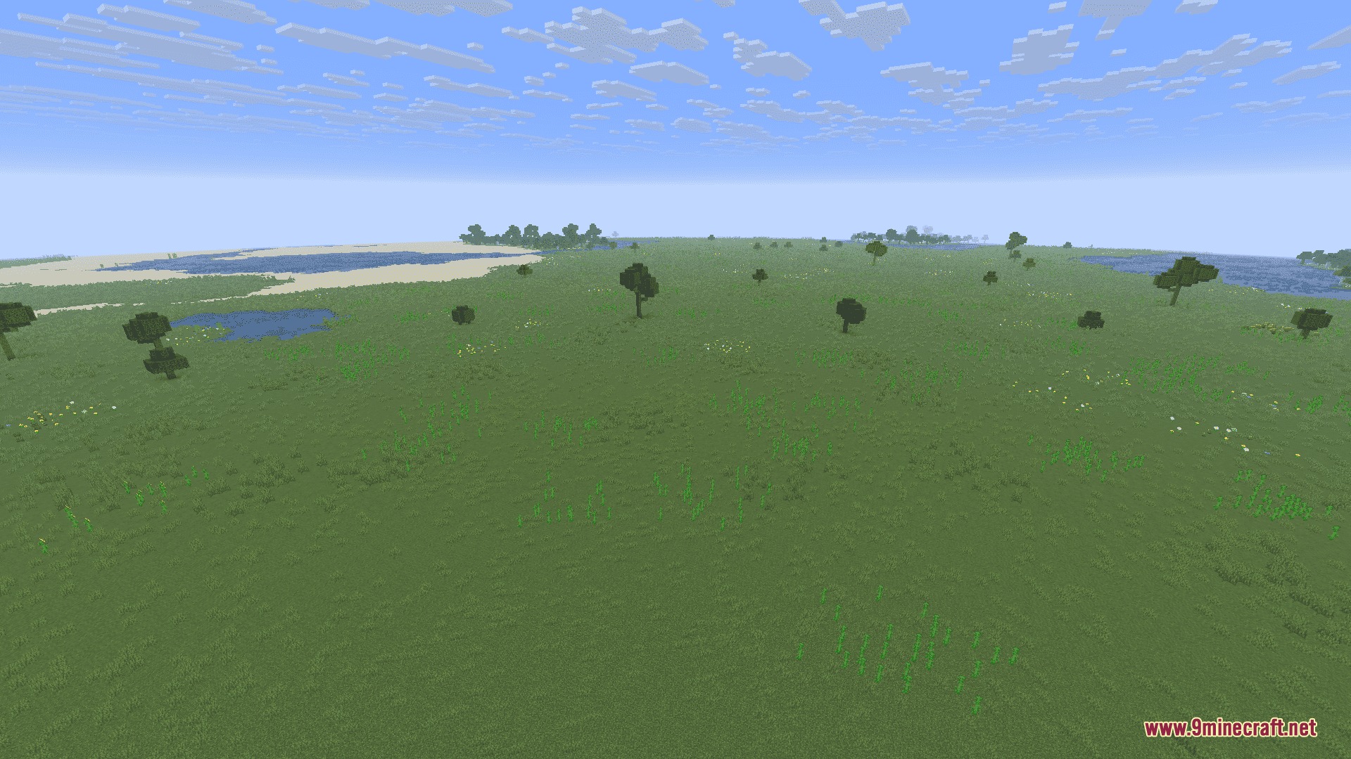Level Horizon Biomes Mod Screenshot 1 A flat Minecraft world featuring green plains with scattered trees and small ponds