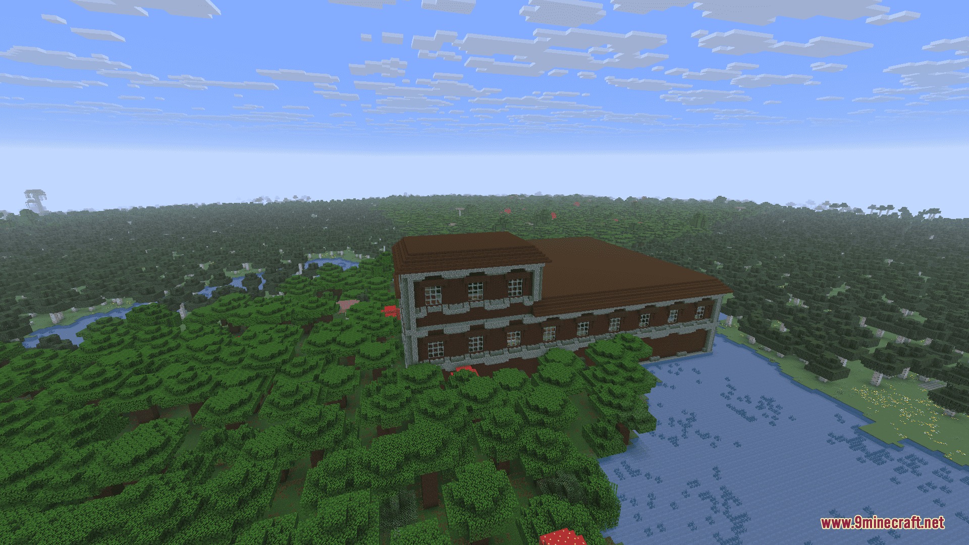 Level Horizon Biomes Mod Screenshot 2 A woodland mansion structure generated in a dark forest biome next to water