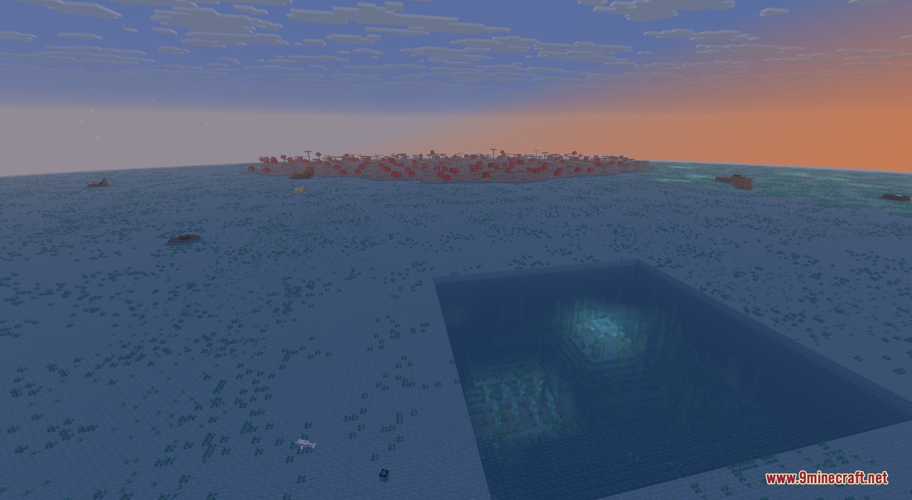 Level Horizon Biomes Mod Screenshot 3 A flat ocean biome featuring an underwater monument and a distant mushroom island