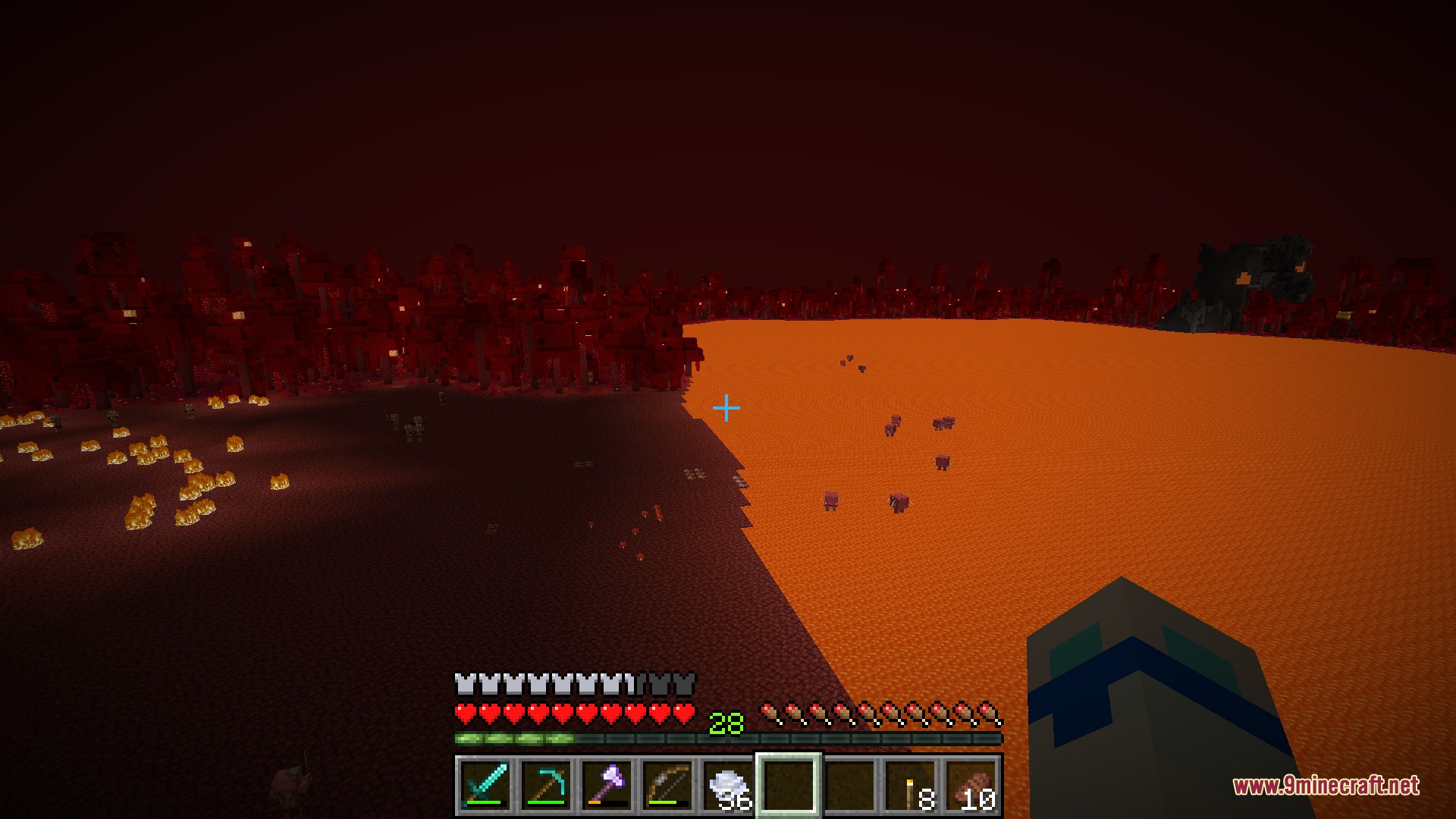 Level Horizon Biomes Mod Screenshot 5 The player stands in a flat Nether biome featuring a large lava lake