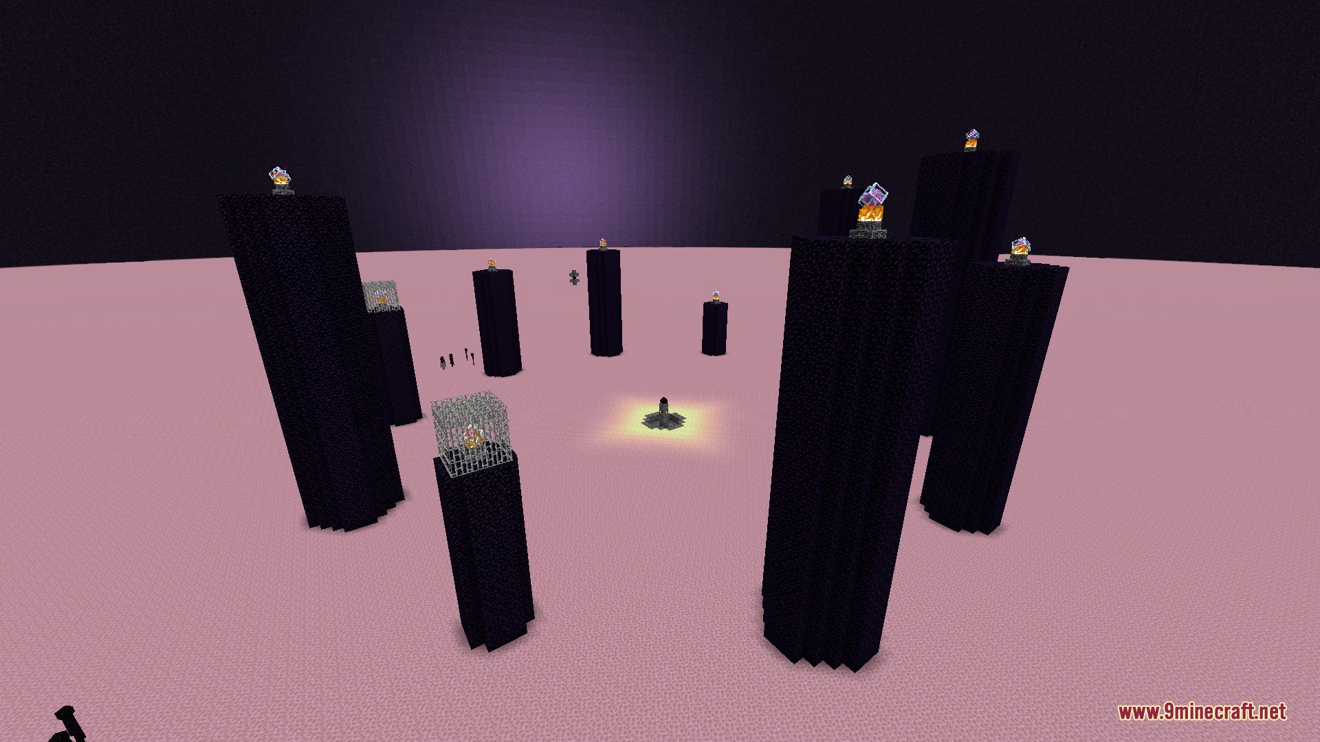 Level Horizon Biomes Mod Screenshot 8 Tall obsidian pillars standing on a flat surface in the End dimension