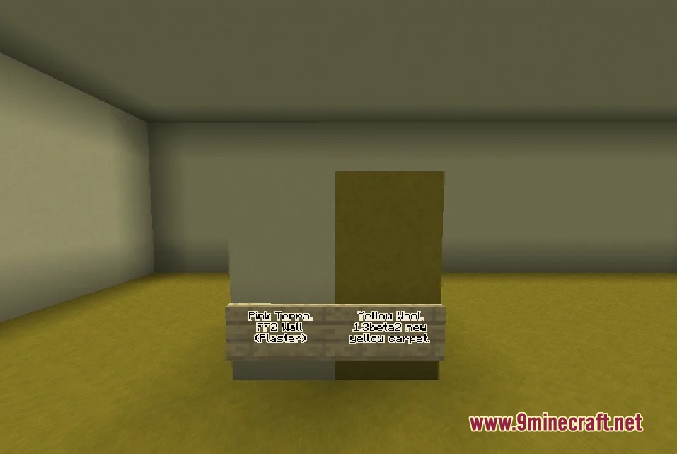 Minecraft blocks with signs showing plaster wall and yellow carpet textures