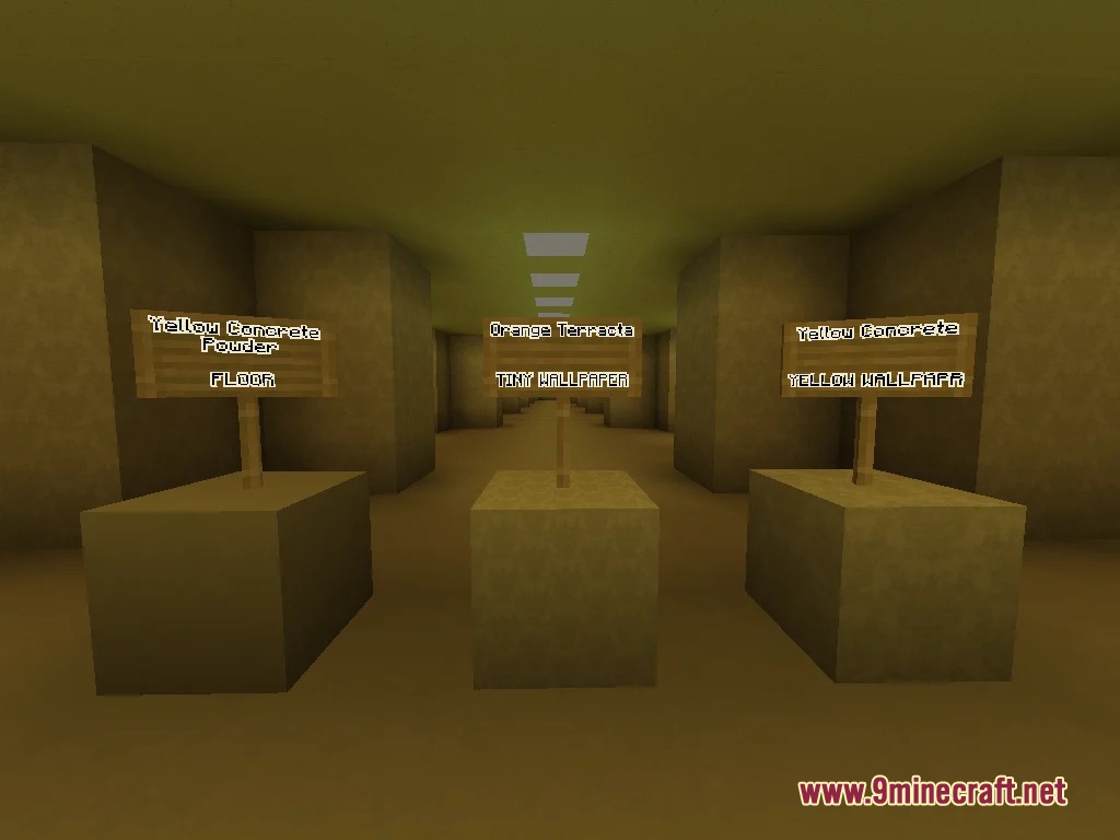 Three blocks on pedestals displaying floor and wallpaper textures in a hallway