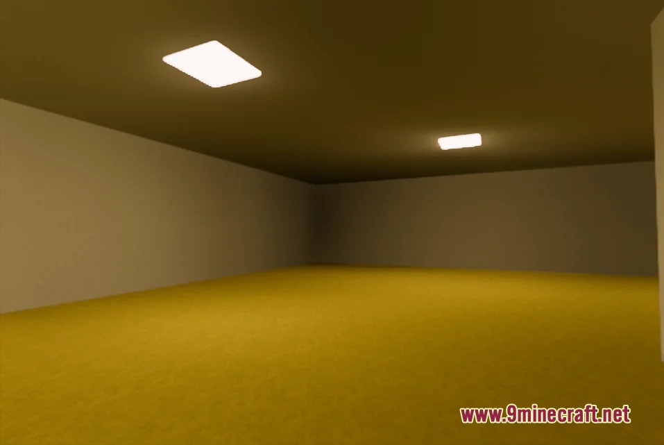 Large empty room with yellow wallpaper and damp carpet featuring fluorescent ceiling lights