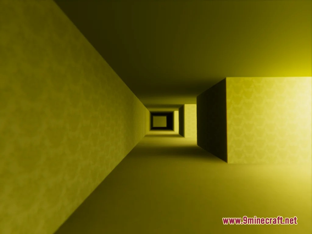 Perspective view of a yellow corridor with patterned wallpaper and dark openings
