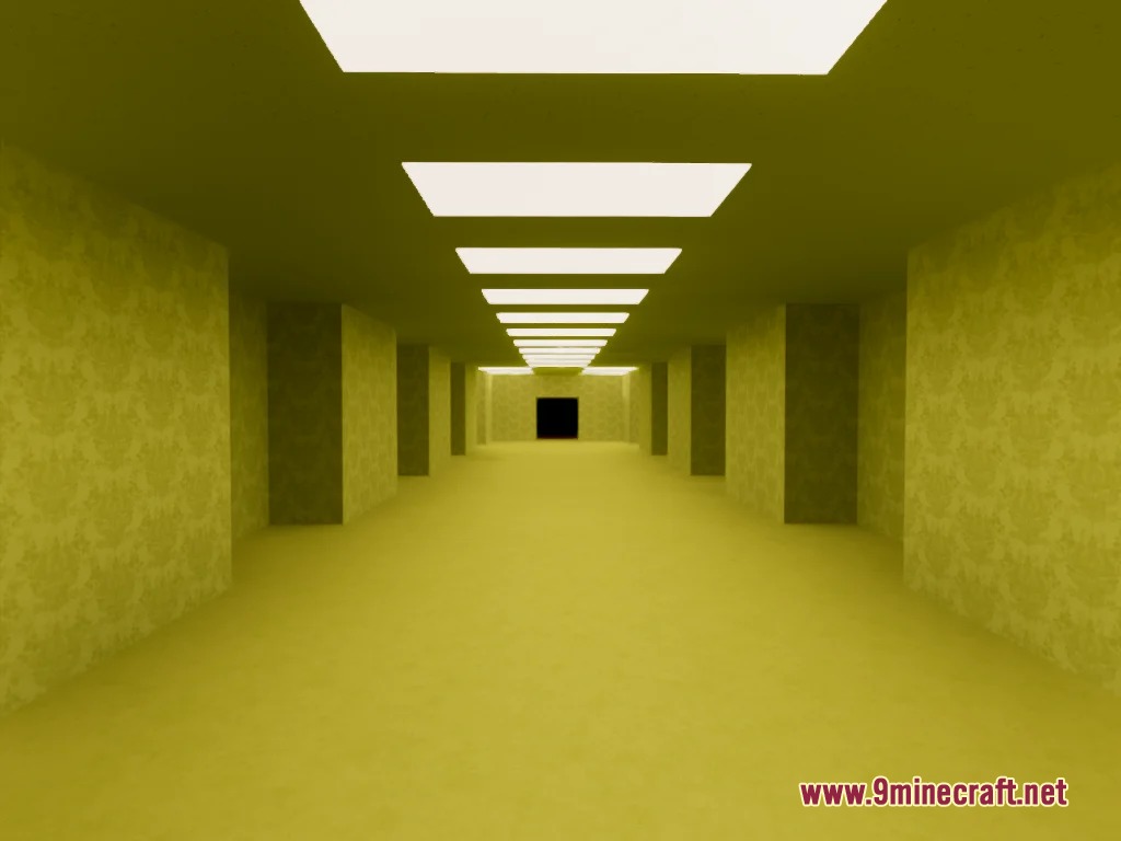 Wide hallway with yellow wallpaper and fluorescent lights from Linal Threshold pack