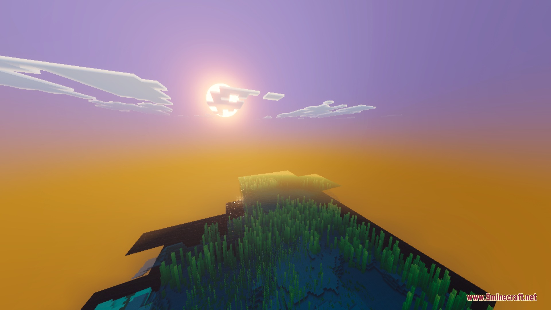 A cinematic sunset over the ocean with a dynamic sun and purple sky