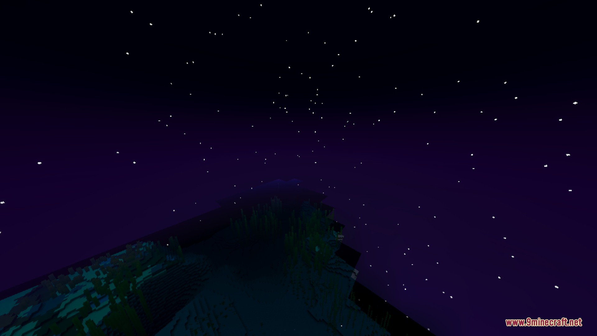 A starry night sky over a dark Minecraft ocean with visible underwater kelp