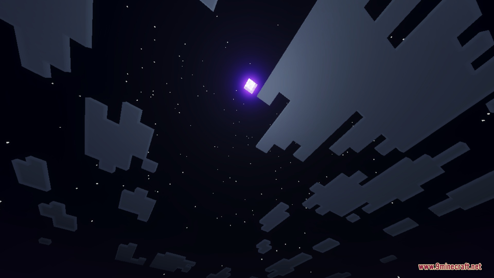 A glowing purple moon shines in the dark night sky with blocky clouds