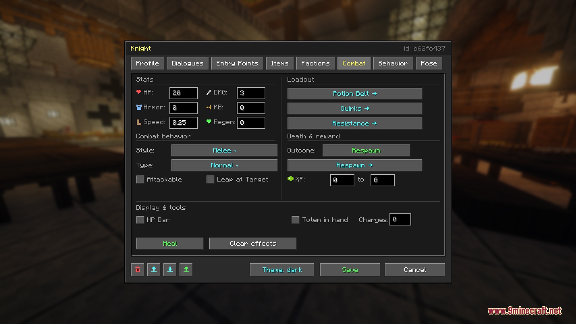 Living Realm Chronicles Mod Screenshot 6 Configuring combat stats and behavior for a knight NPC in the editor
