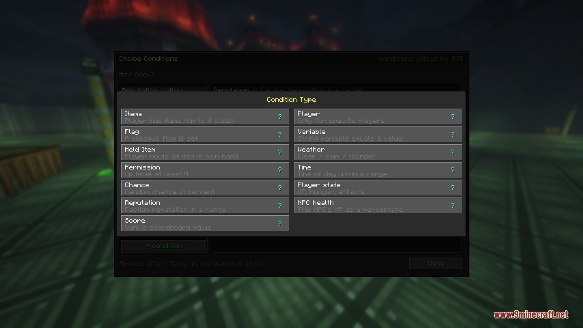 Living Realm Chronicles Mod Screenshot 8 Selecting condition types for branching dialogue paths in the custom NPC editor