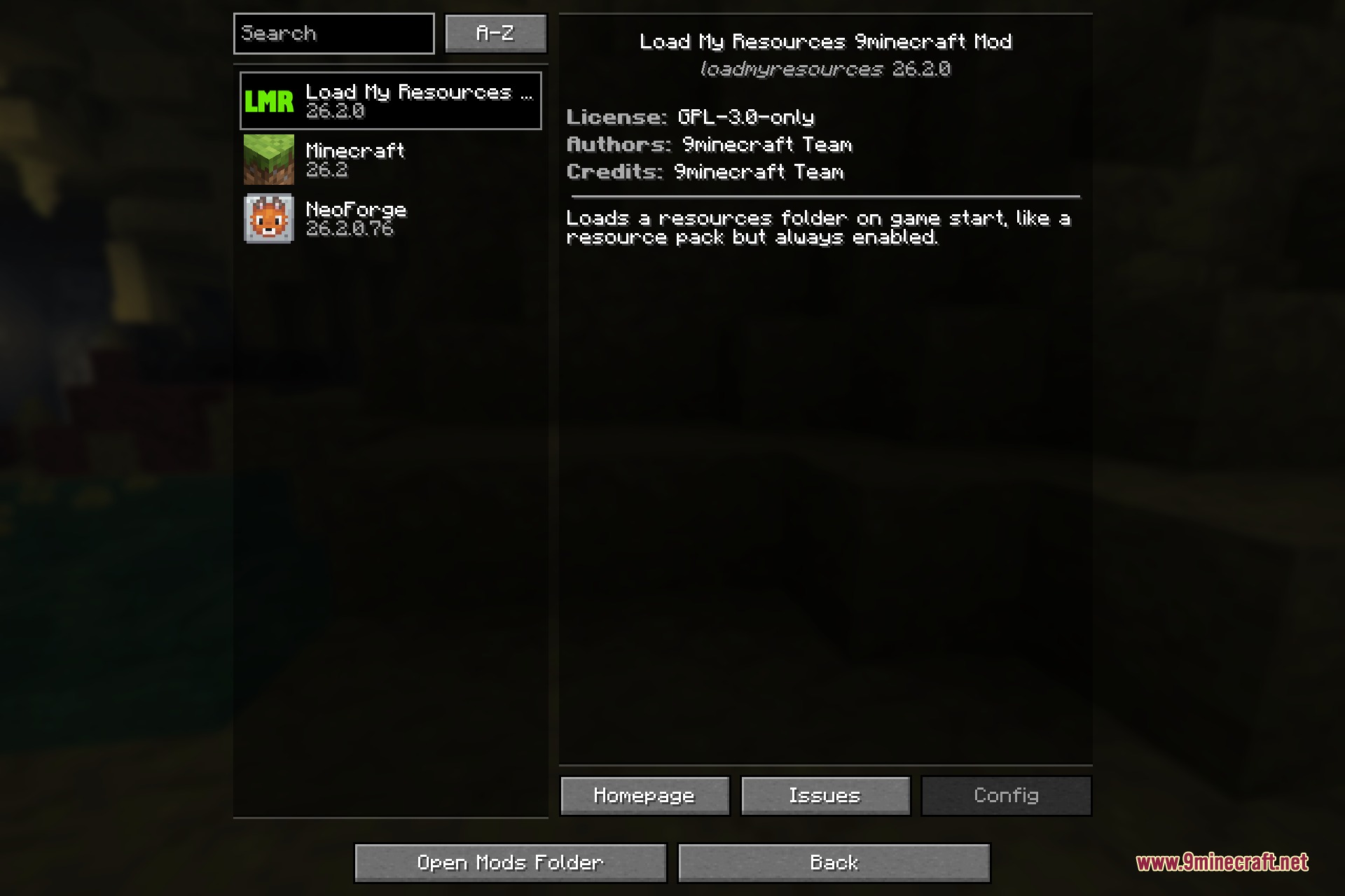 The Load My Resources entry in the Minecraft mod list