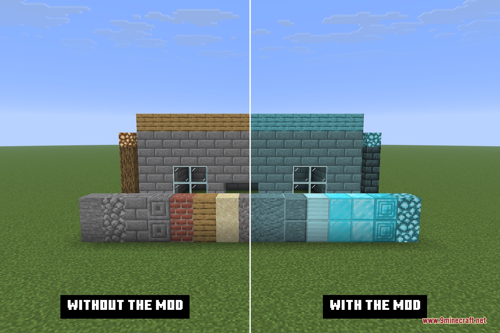 The same build without the mod and with it: identical folder on disk, different result