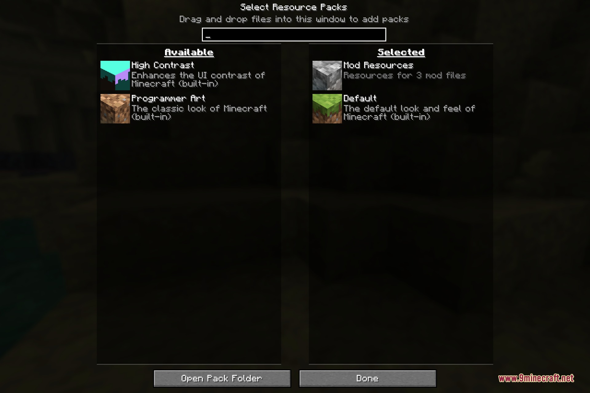 The Resource Packs screen with nothing enabled while the custom look is already applied