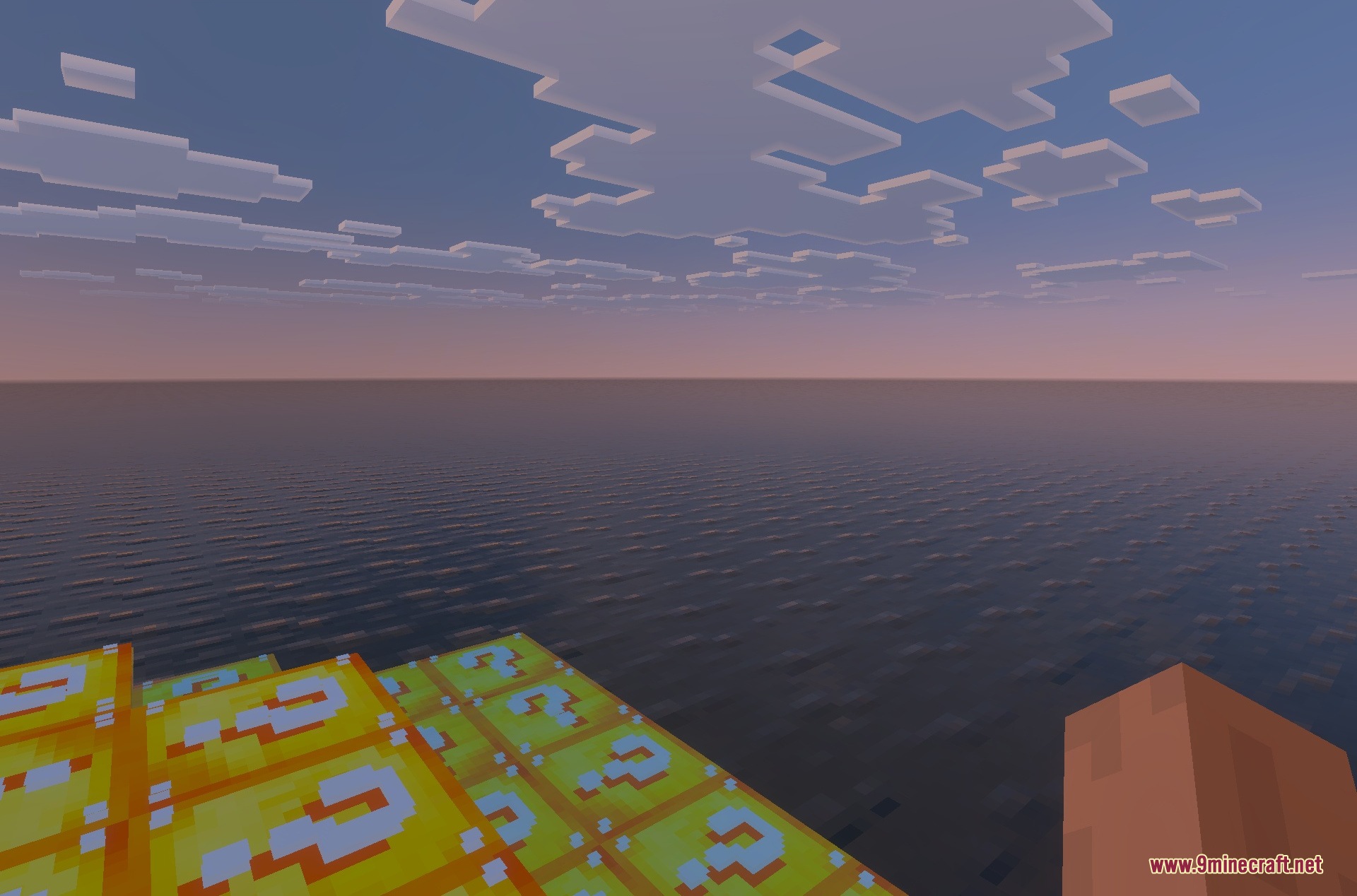 Lucky Block Survival Island Map Screenshot 4 The sun sets over a calm ocean viewed from a yellow block platform
