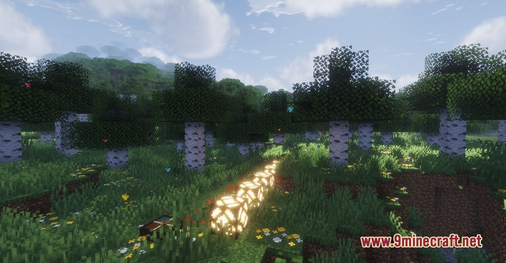 A row of glowing blocks illuminates a lush green birch forest during daytime