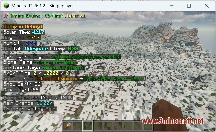 Lumina Cycle Rewritten Mod displays seasonal data over a snowy Minecraft landscape