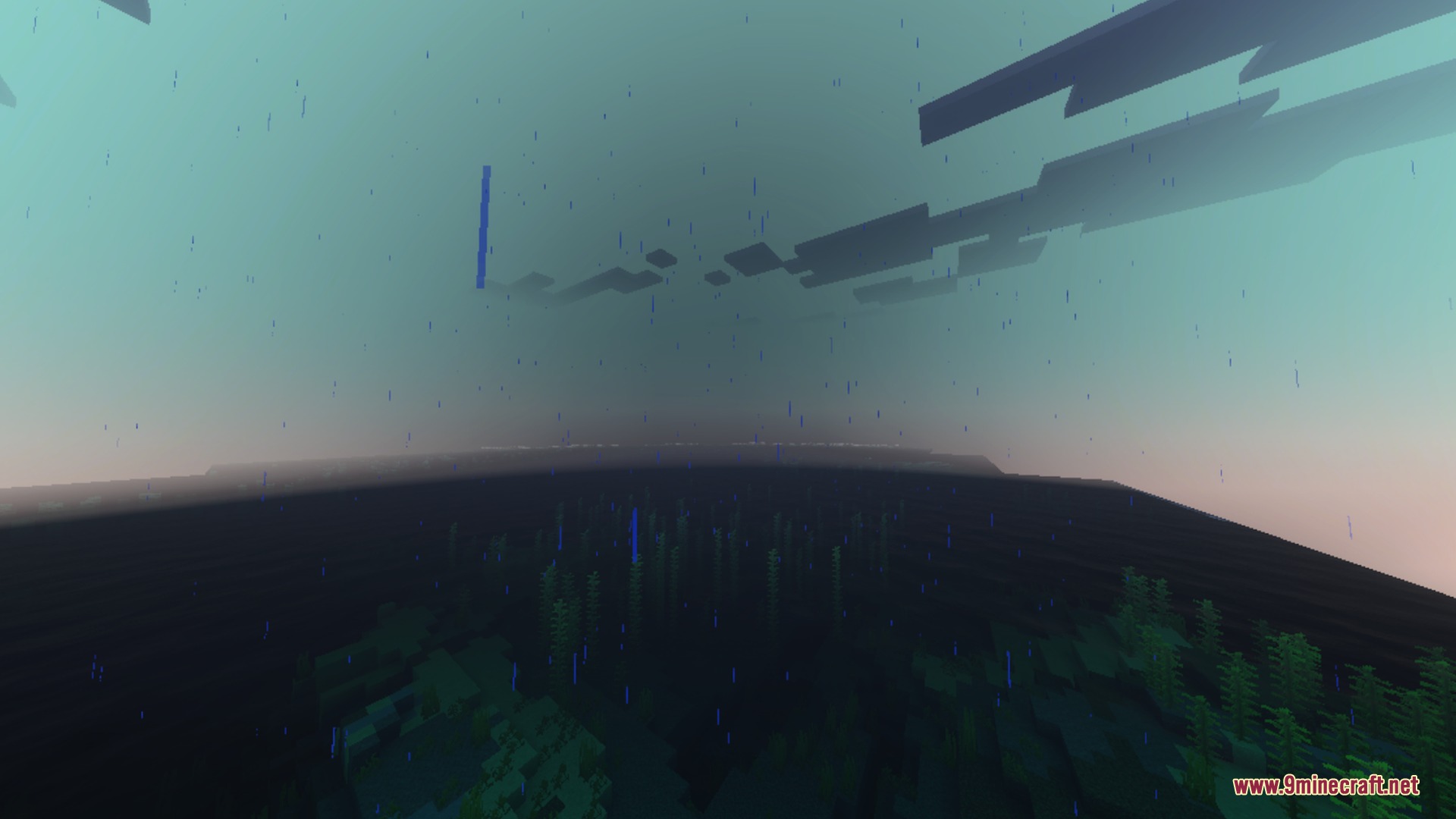 Luminara Visual Shader Screenshot 1 Blue rain falling over a dark landscape under a gloomy sky