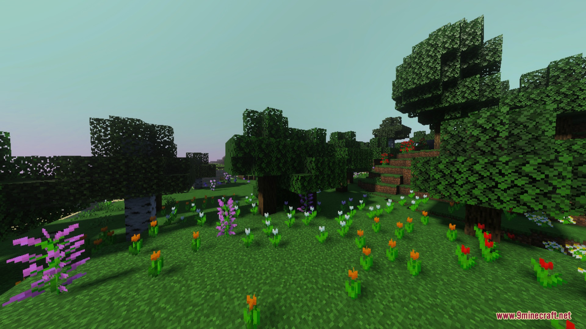 Luminara Visual Shader Screenshot 10 Lush forest biome filled with colorful flowers under a bright clear sky