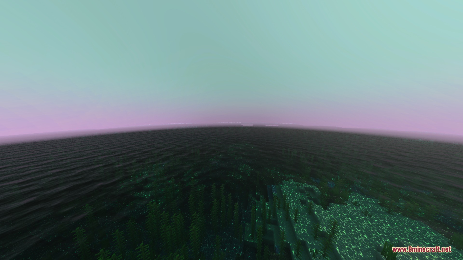 Luminara Visual Shader Screenshot 5 A vast dark ocean under a pink and teal sky with glowing underwater plants