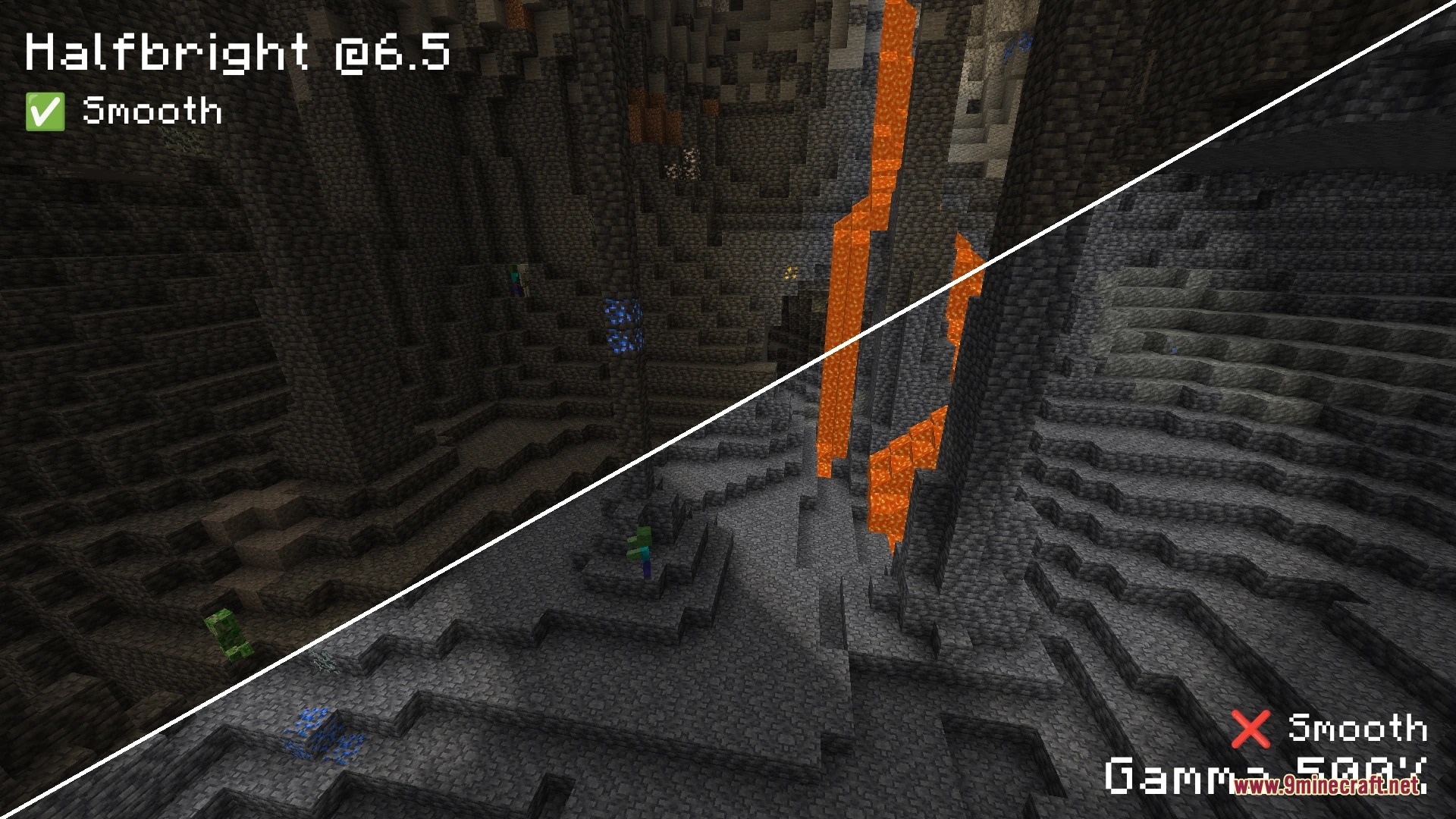 Luminous Depth Mod Screenshot 2 Comparison of smooth lighting and high gamma settings inside a dark cave