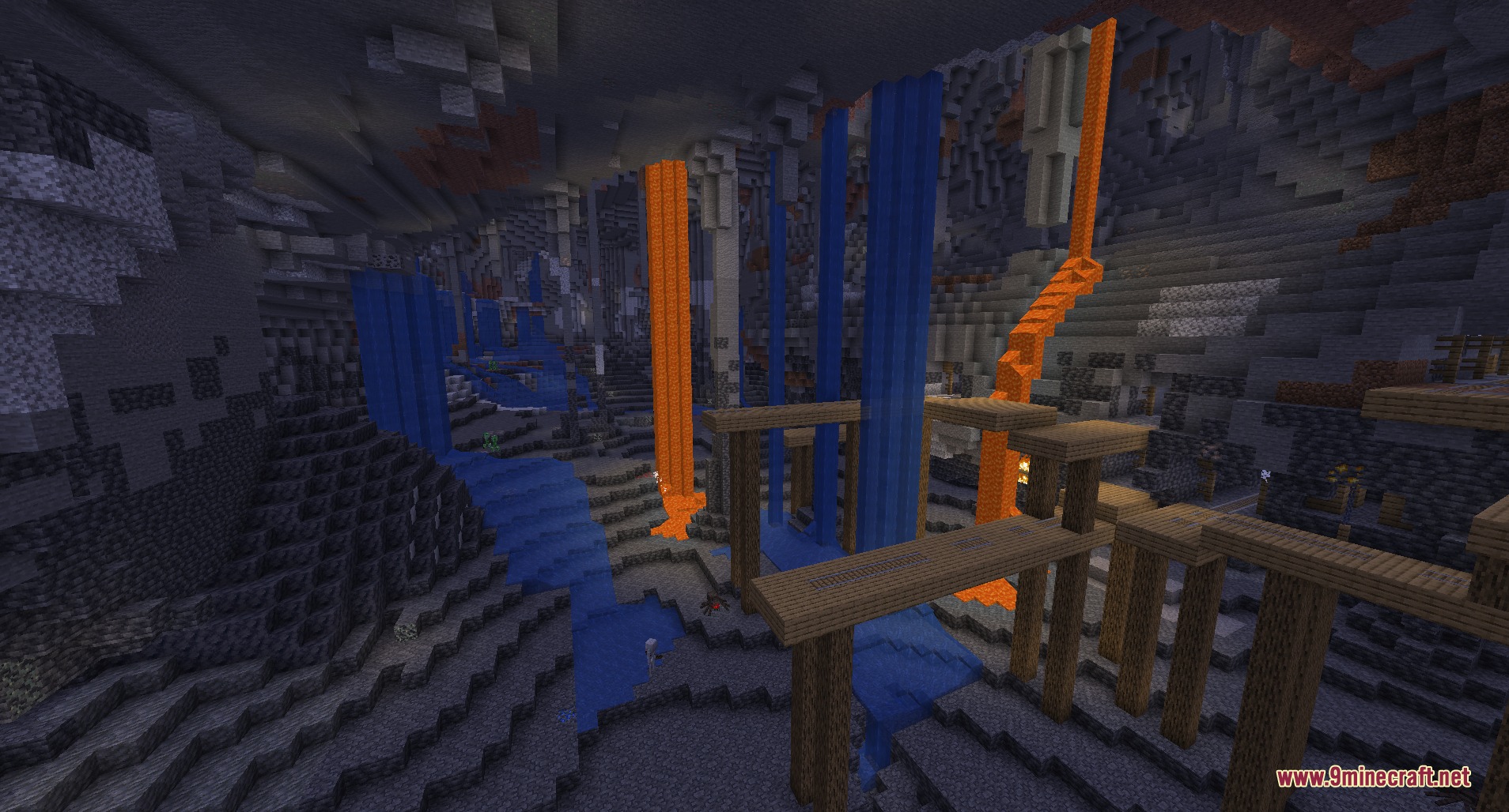 Luminous Depth Mod Screenshot 3 A dark Minecraft cave with waterfalls lava flows and wooden support beams