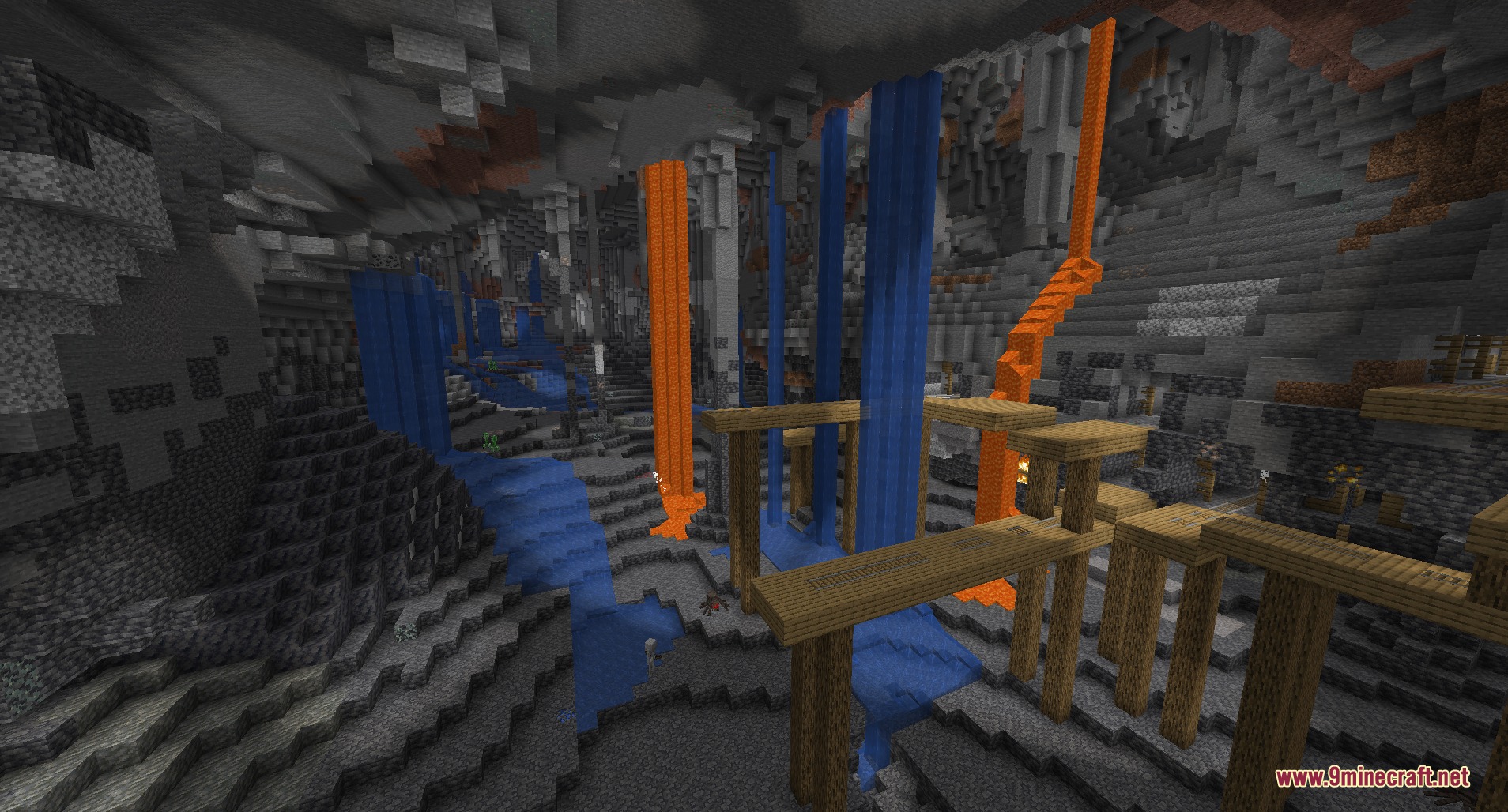 Luminous Depth Mod Screenshot 4 Luminous Depth Mod brightens a large cave with waterfalls and lava streams