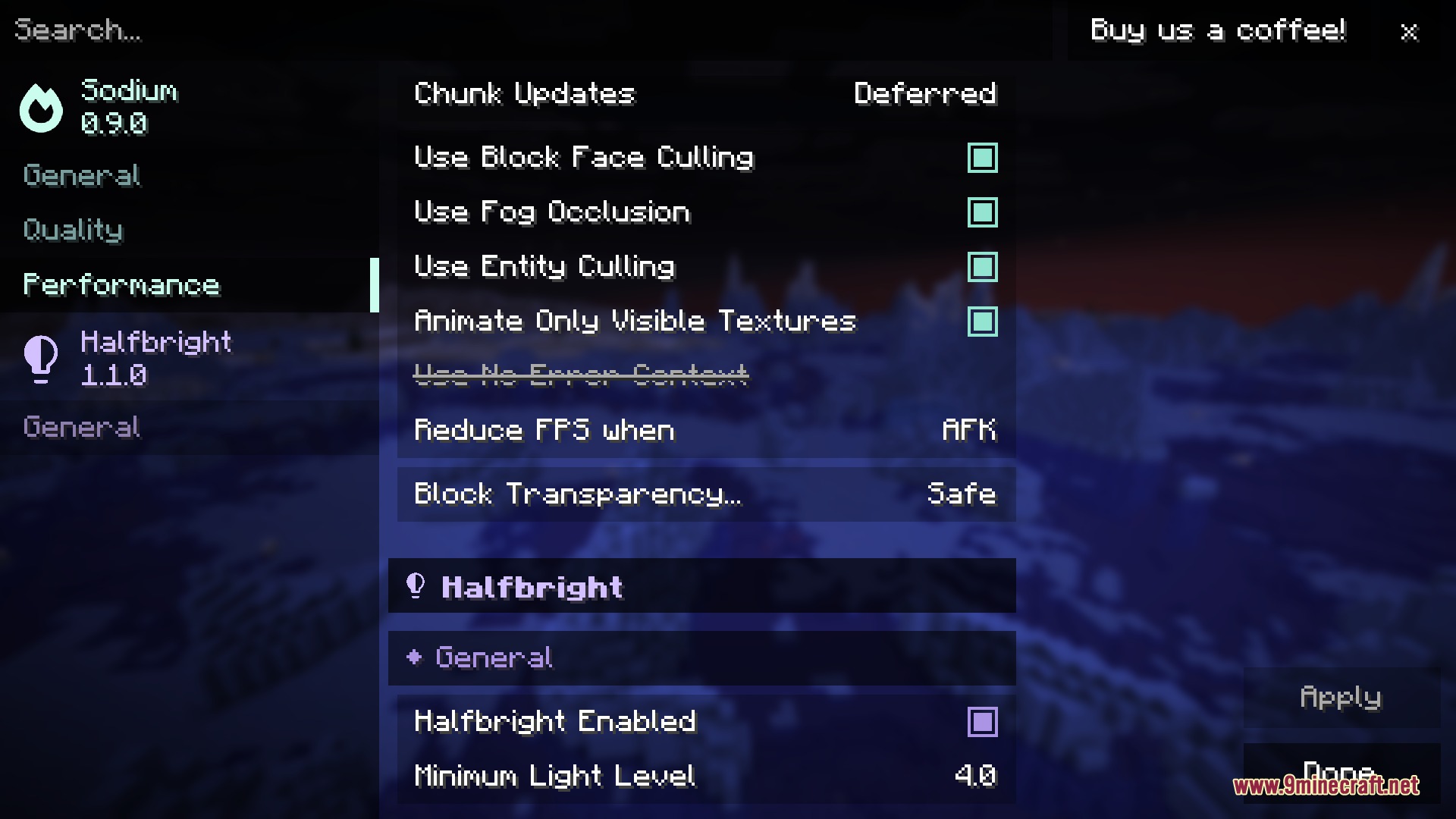 Luminous Depth Mod Screenshot 5 Sodium video settings menu showing the Halfbright mod configuration and light level