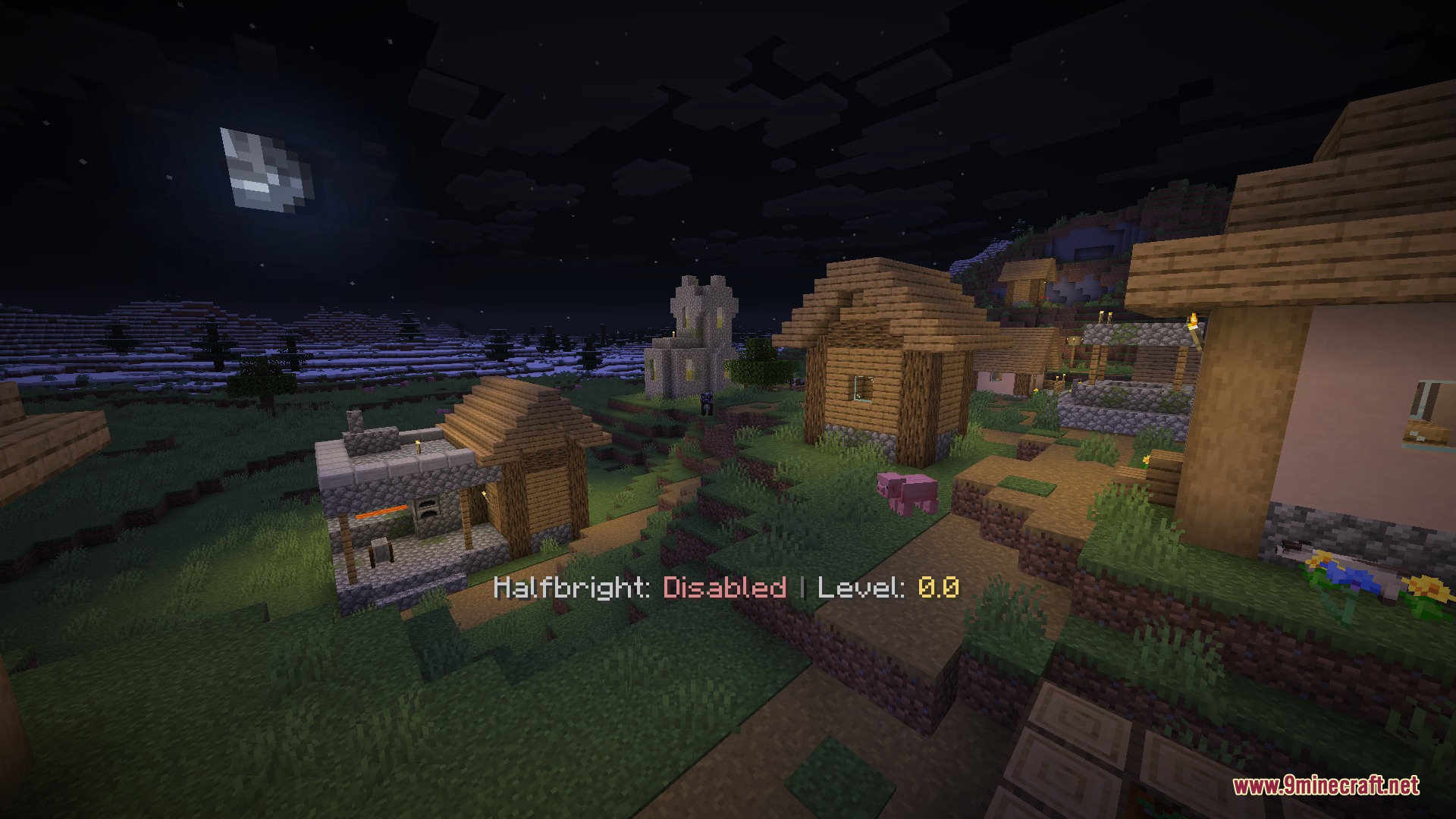 Luminous Depth Mod Screenshot 6 A dark night scene of a Minecraft village with low light levels