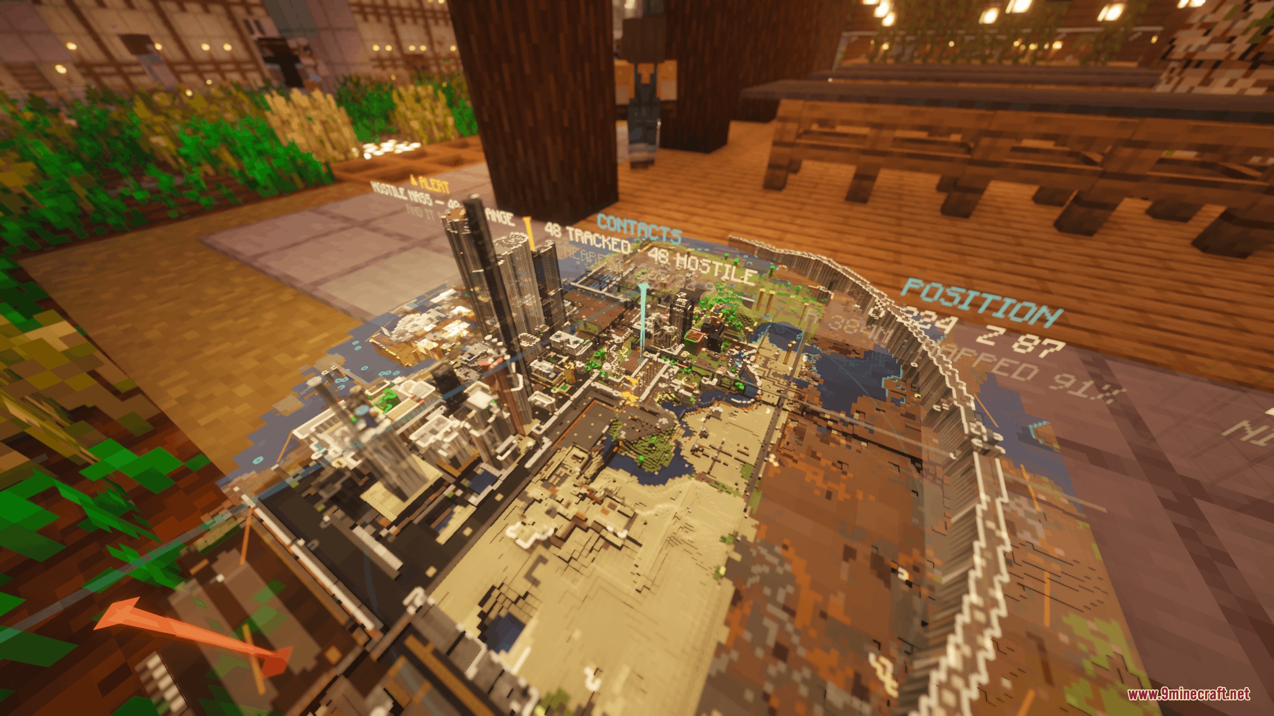 Luminous Drafting Grid Mod Screenshot 1 A holographic map projector displays a detailed 3D city layout in Minecraft