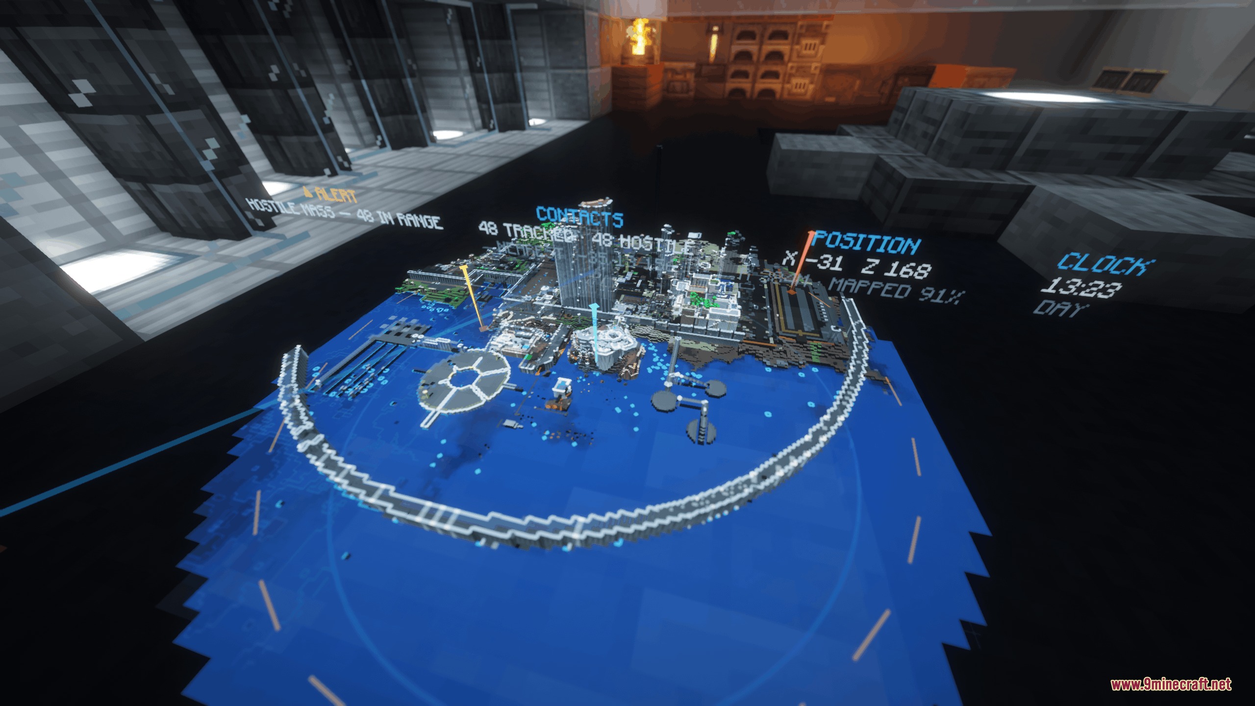 Luminous Drafting Grid Mod Screenshot 3 A holographic map projector showing a circular terrain model in Minecraft